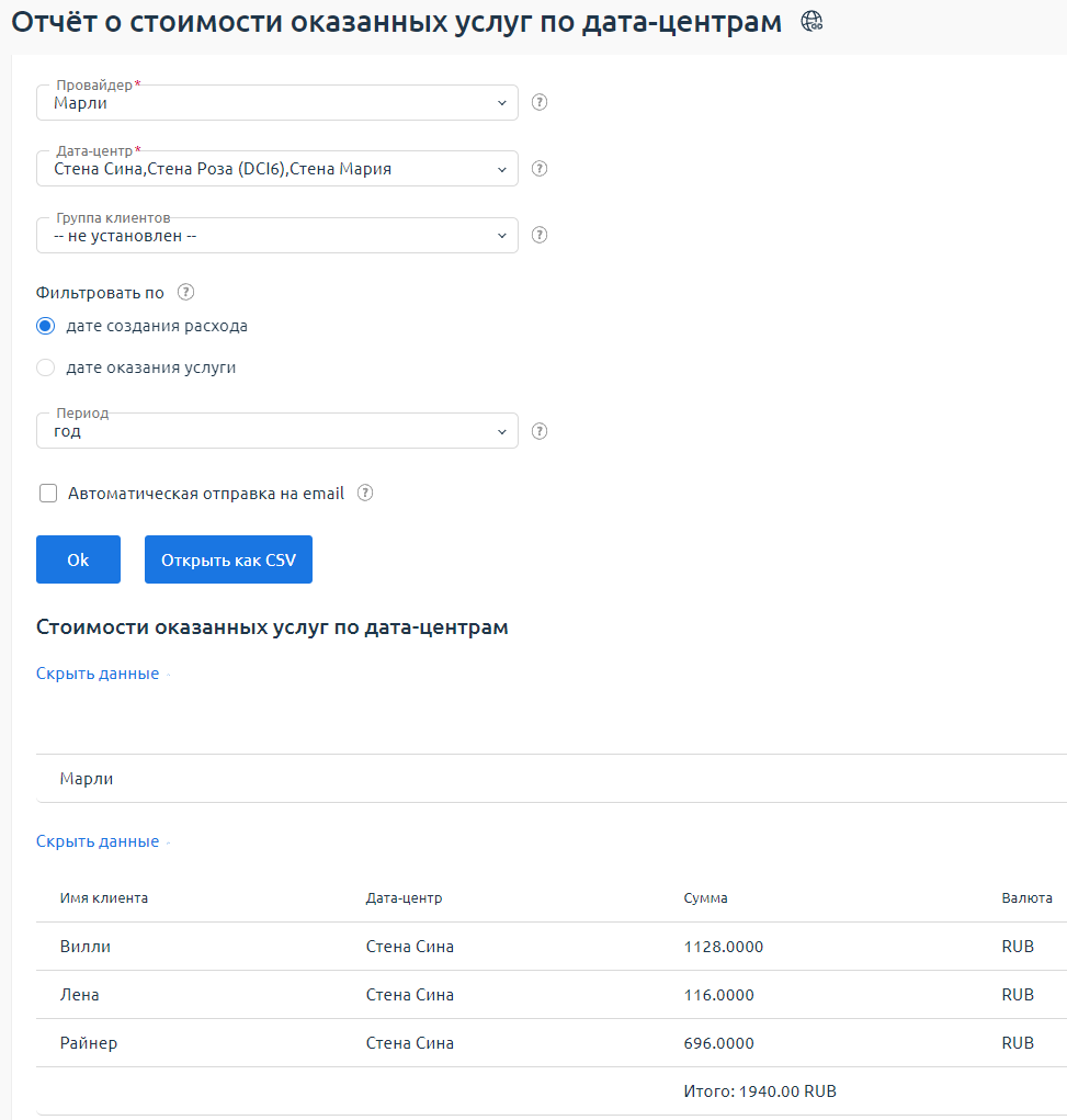 Пример отчёта "О стоимости оказанных услуг по дата-центрам"