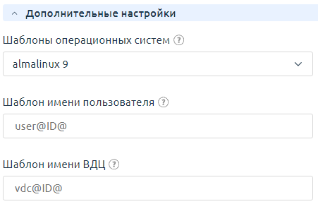 Пример дополнительных настроек для типа продукта "Выделенный сервер"