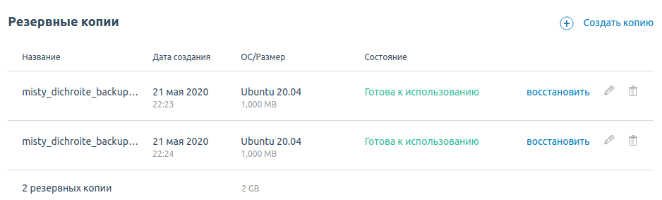 Список резервных копий в карточке ВМ