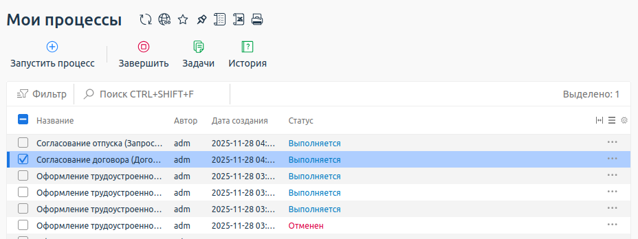 Внешний вид раздела "Мои процессы" Внешний вид раздела "Мои процессы"