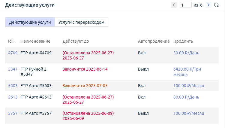 Вкладка "Действующие услуги" Вкладка "Действующие услуги"