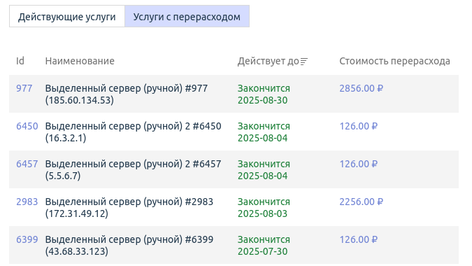 Вкладка "Услуги с перерасходом" Вкладка "Услуги с перерасходом"