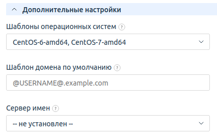 Пример дополнительных настроек для типа продукта "Выделенный сервер"