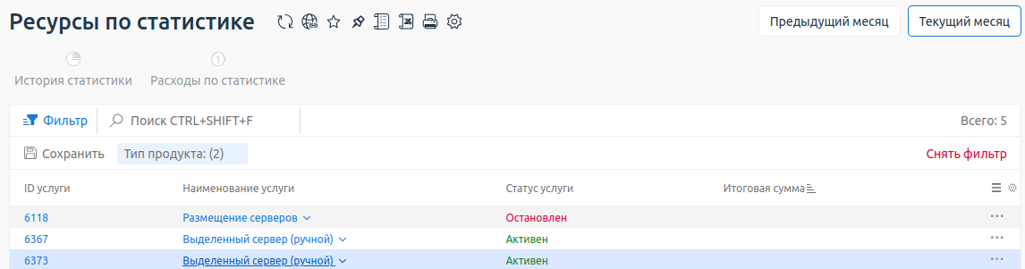 Внешний вид раздела в личном кабинете клиента